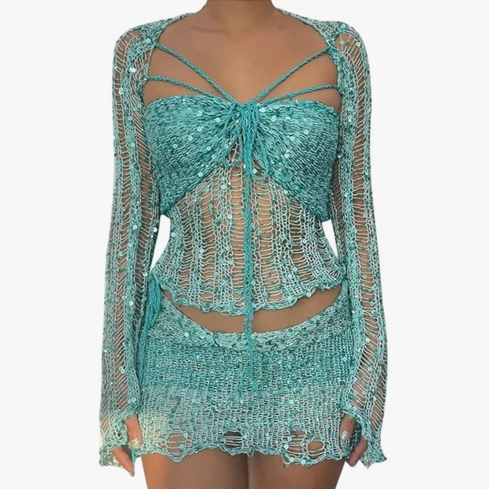 Women Mermaid Top Sequin Skirt 2 Piece Set Y2K Crochet Mesh Party Outfit Sparkle